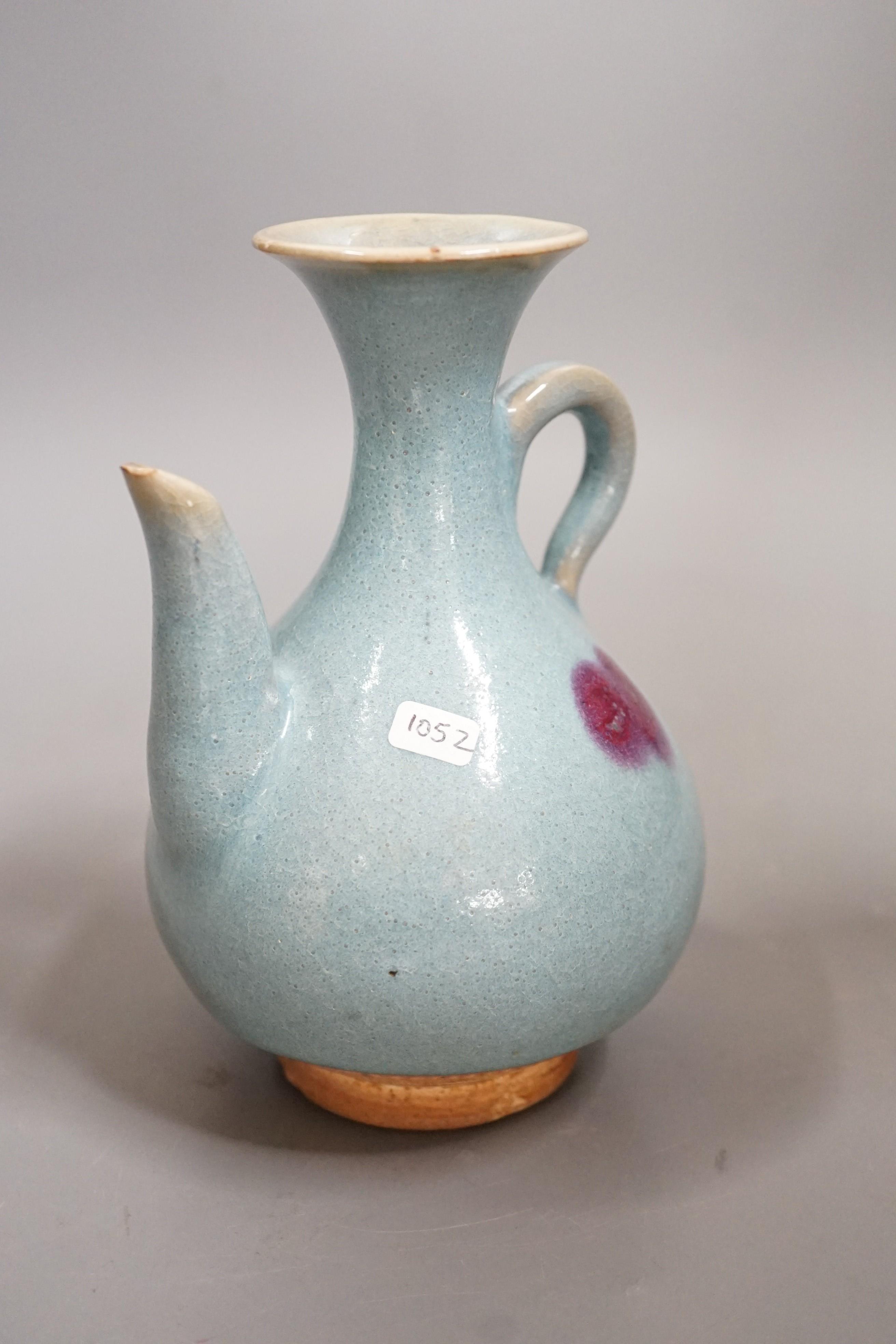 A Jun style purple splashed ewer, 17.5cms